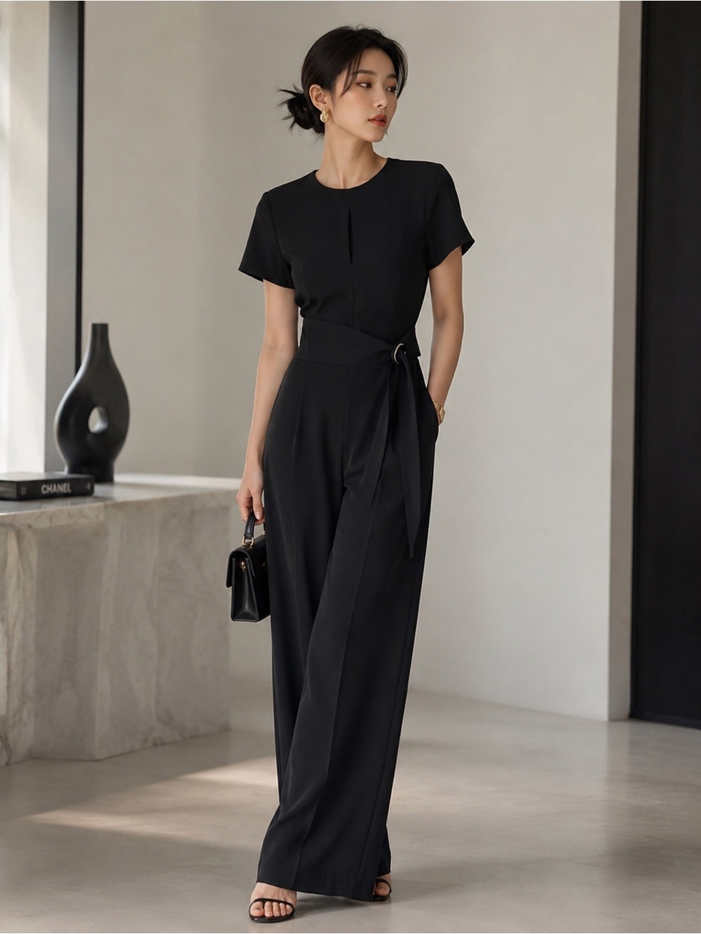 next Black Short-Sleeve Wide-Leg Jumpsuit with Waist Tie